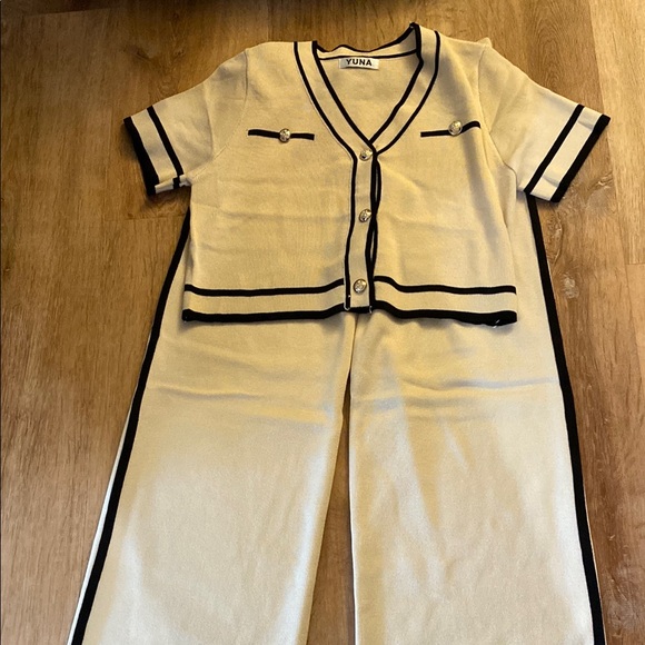 yuna Pants - Cream and Black Cropped Cardigan with Matching Pants